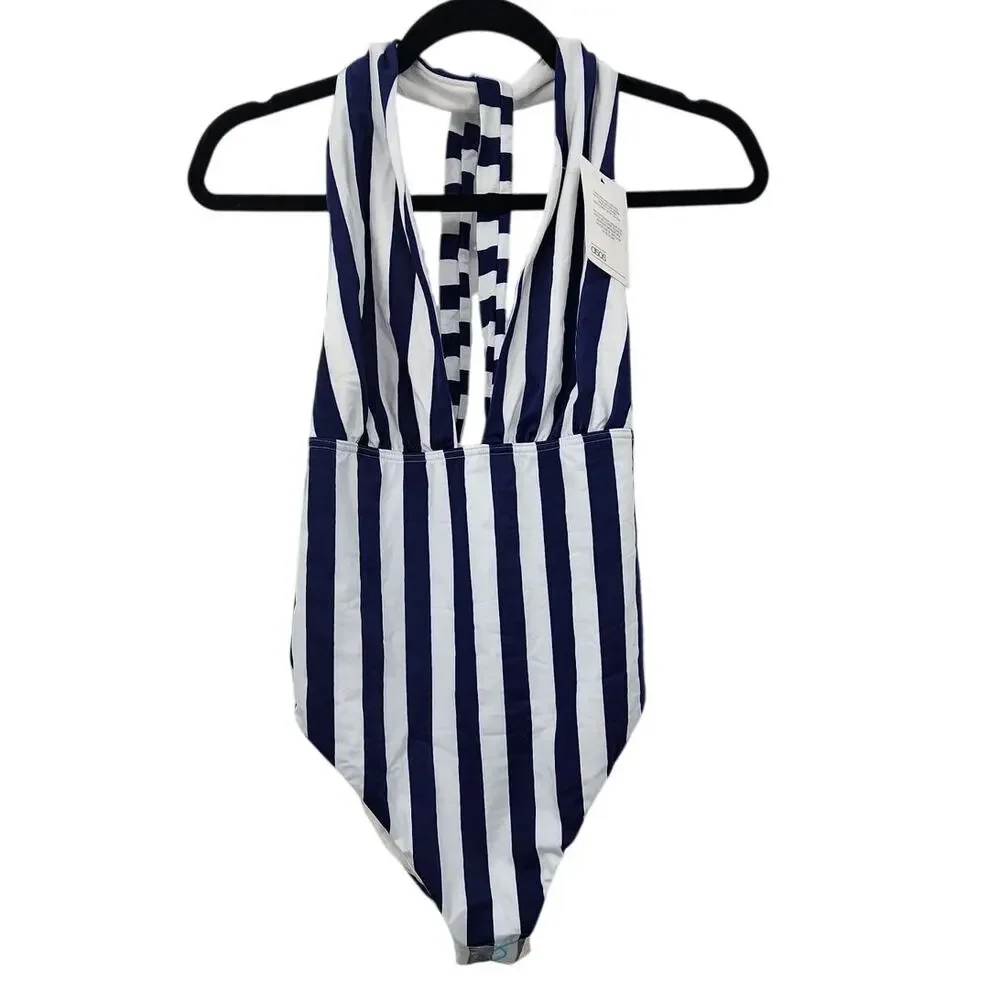 New NWT ASOS Blue White‎ Stripe Halter Style One Piece Swimsuit Size 8